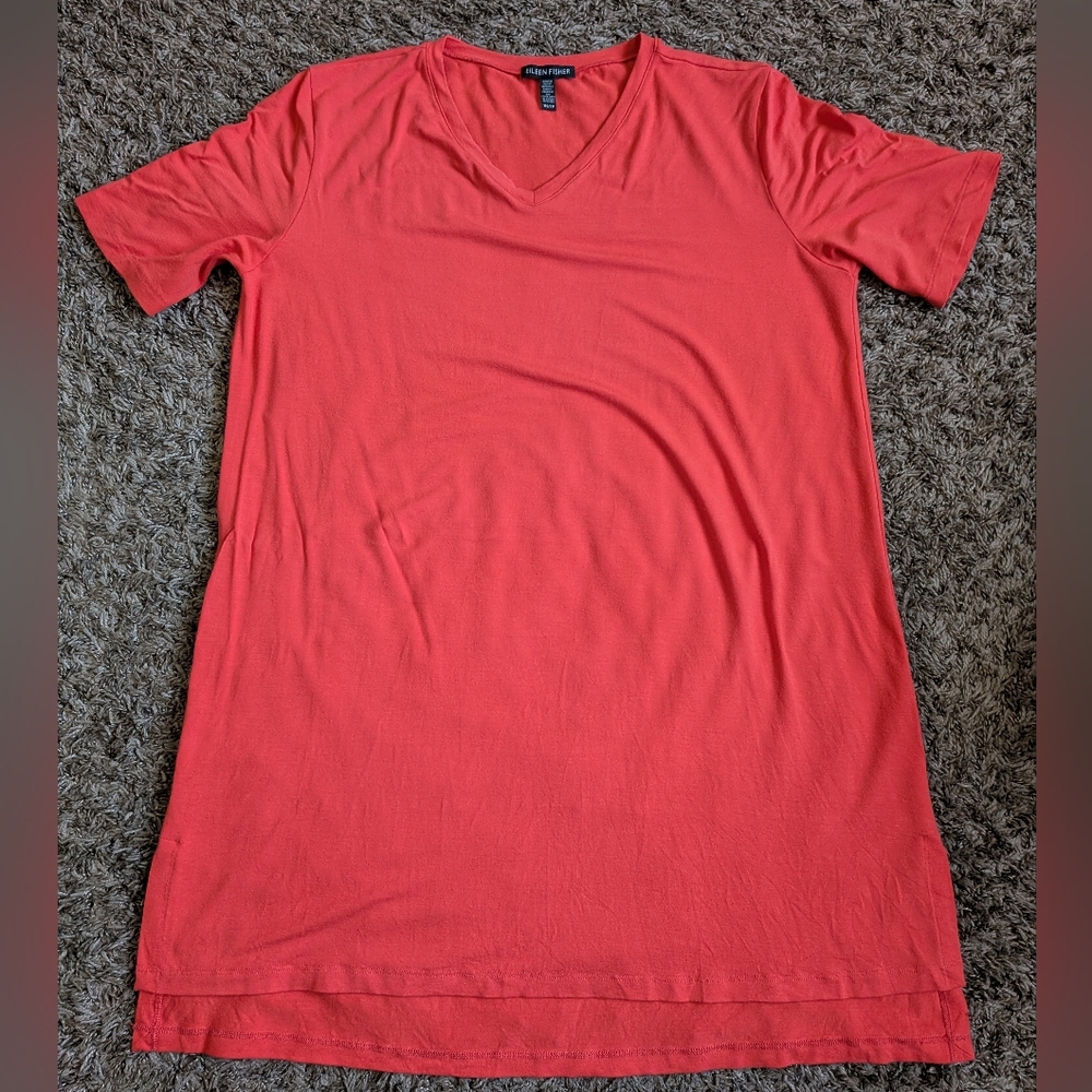 Eileen Fisher Viscose Jersey V-Neck Bright Orange Shirt Dress XS
